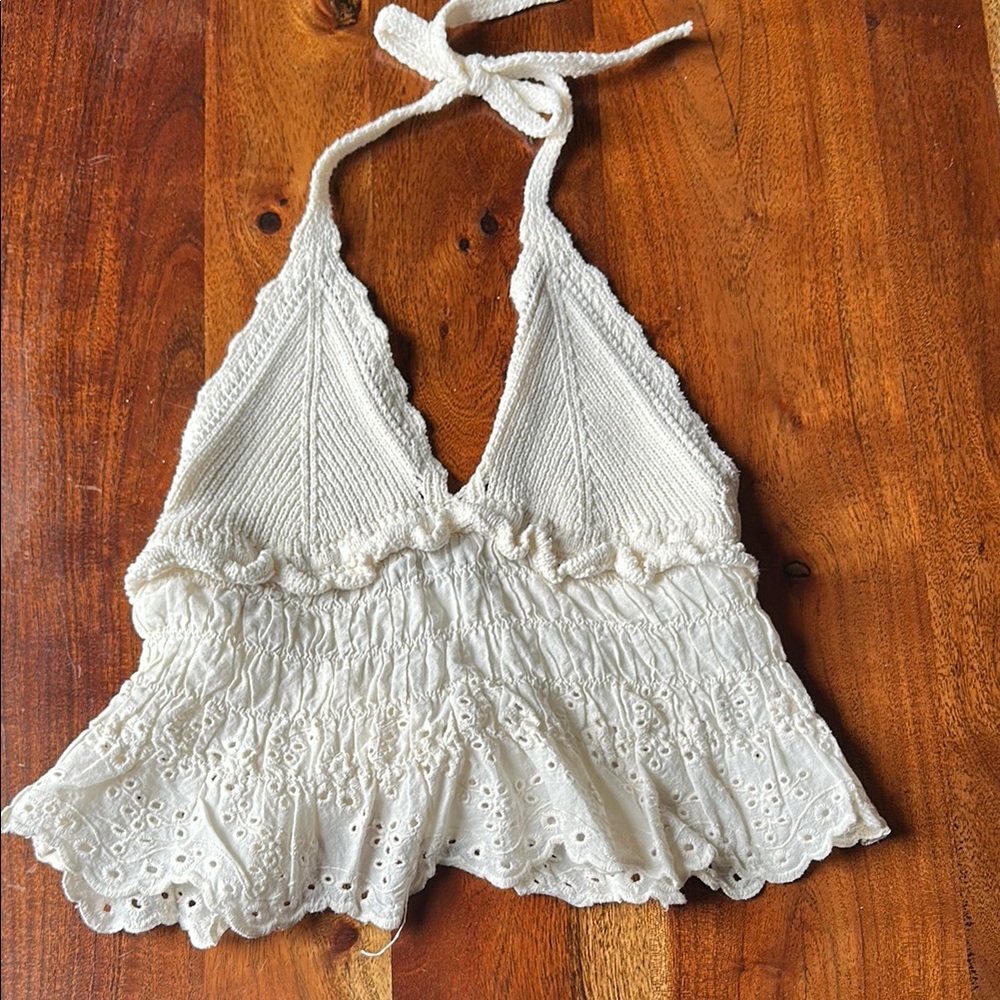 Zara Cream Crochet Halter Top